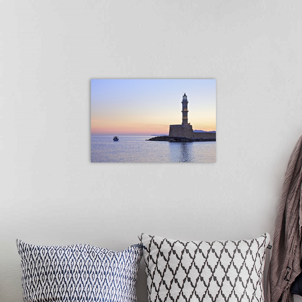 A bohemian room featuring The Lighthouse and Fishing Boat in The Venetian Harbour at Sunrise, Chania, Crete, Greek Islands,...