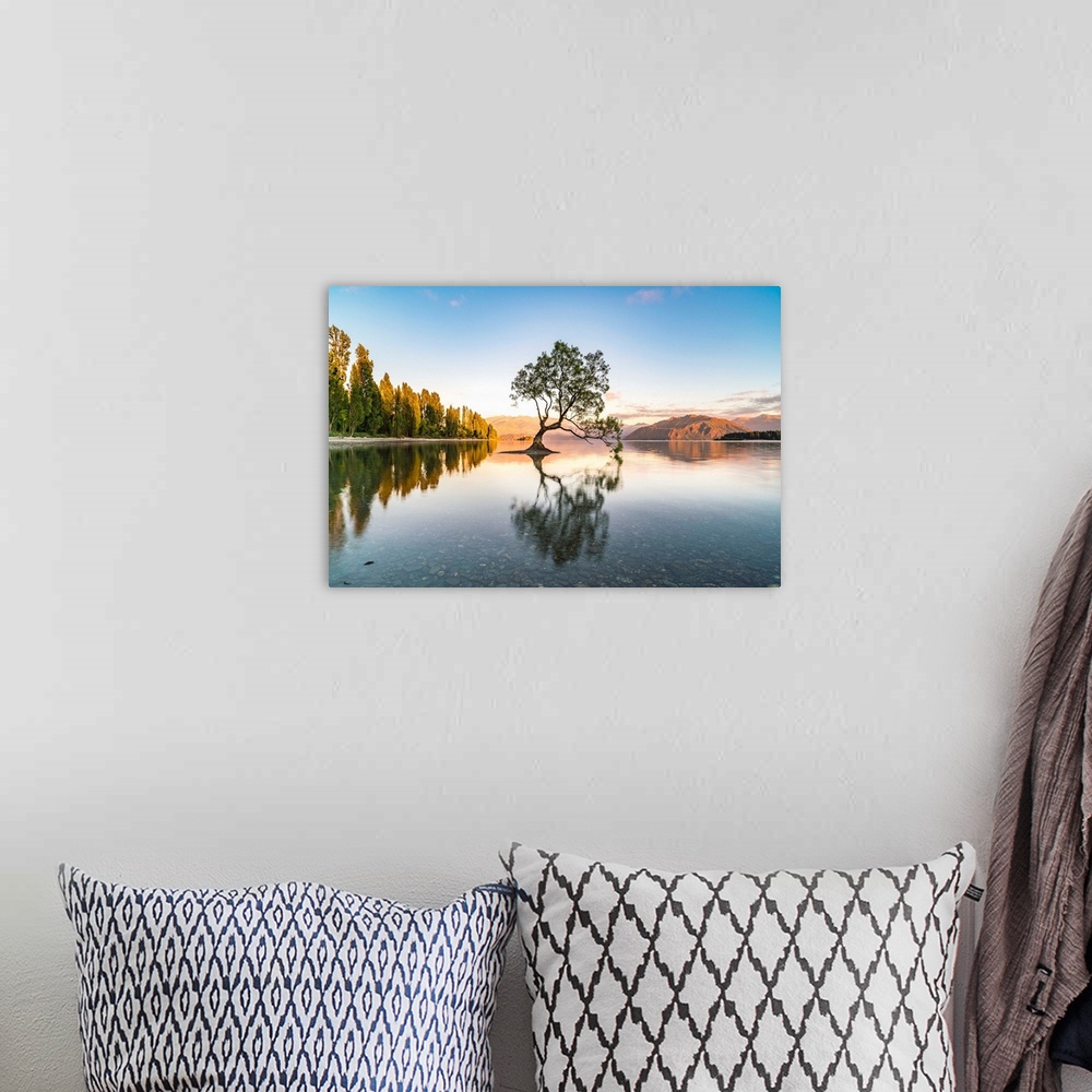 A bohemian room featuring The lone tree in Lake Wanaka in the morning light. Wanaka, Queenstown Lakes district, Otago regio...