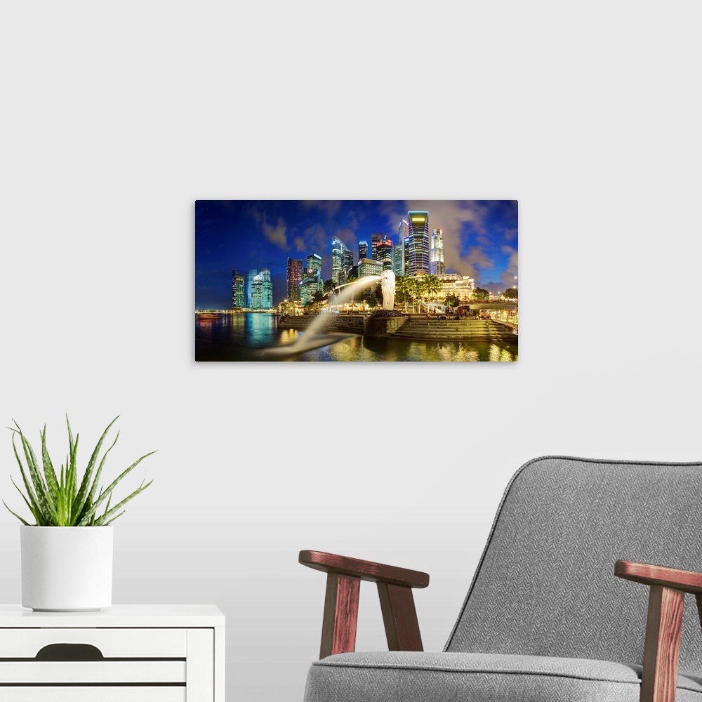 A modern room featuring The Merlion Statue with the City Skyline in the background, Marina Bay, Singapore, South East Asia