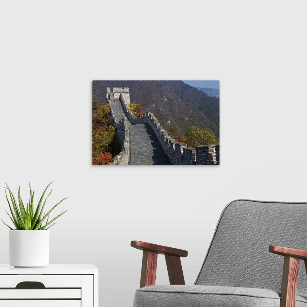 A modern room featuring The Mutianyu section of the Great Wall of China looking towards Tower 16 from Tower 15, Jiojiehe,...