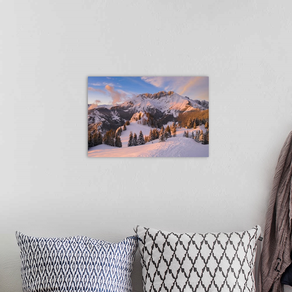 A bohemian room featuring Aerial view of the Presolana covered in snow at sunset from Mount Scanapa. Castione della Presola...