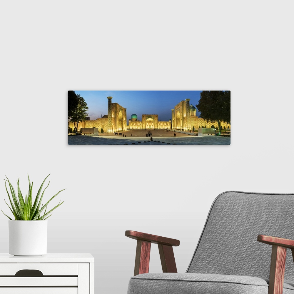 A modern room featuring The Registan square  and its three madrasahs. From left to right: Ulugh Beg Madrasah, Tilya-Kori ...