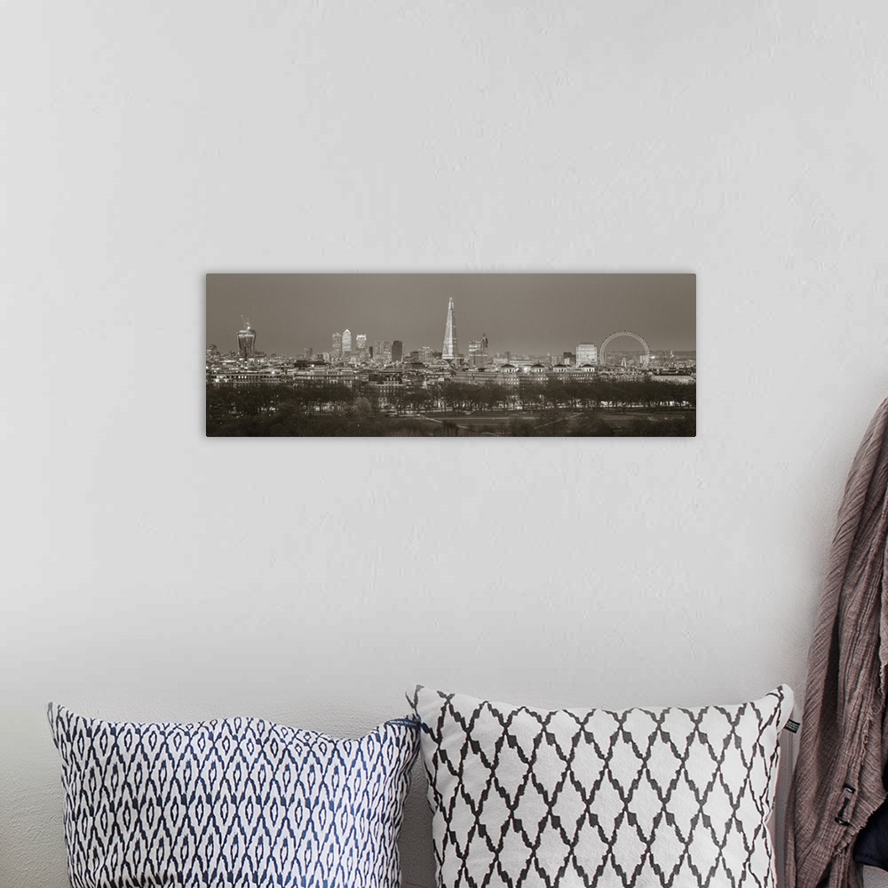 A bohemian room featuring The Shard, Canary Wharf and London Eye above Hyde Park, London, England, UK