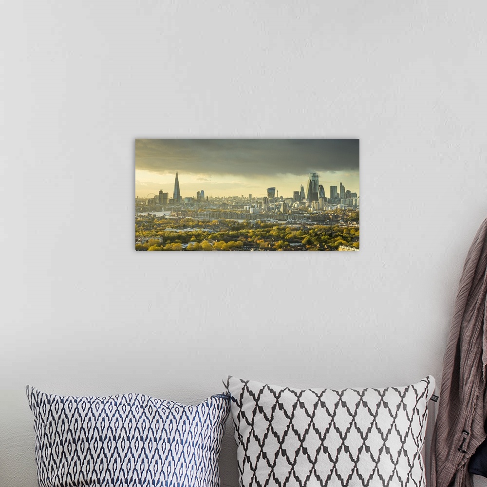 A bohemian room featuring The Shard & City of London skyline from Canary Wharf, London, England