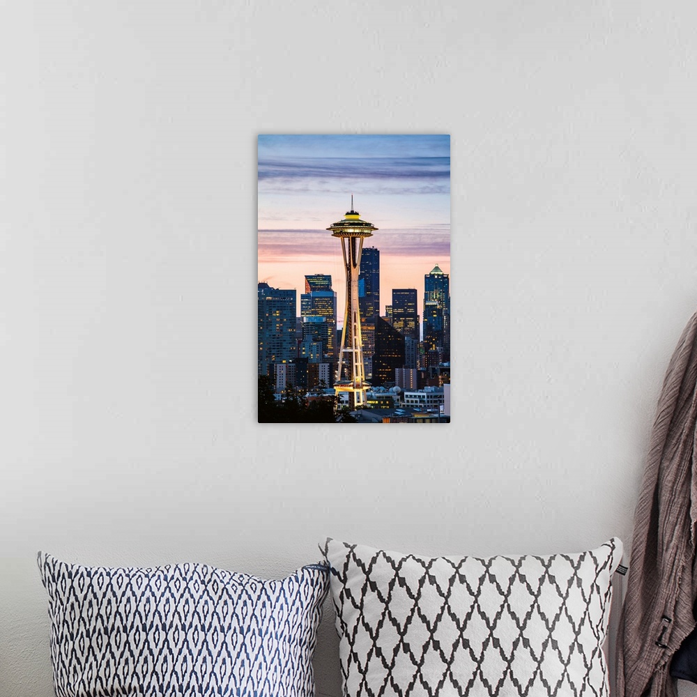 A bohemian room featuring The Space Needle And Skyline At Dawn, Seattle, Washington, USA