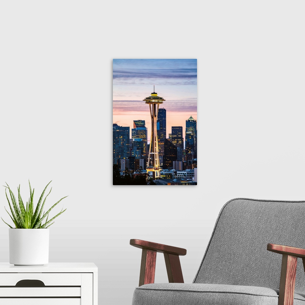 A modern room featuring The Space Needle And Skyline At Dawn, Seattle, Washington, USA
