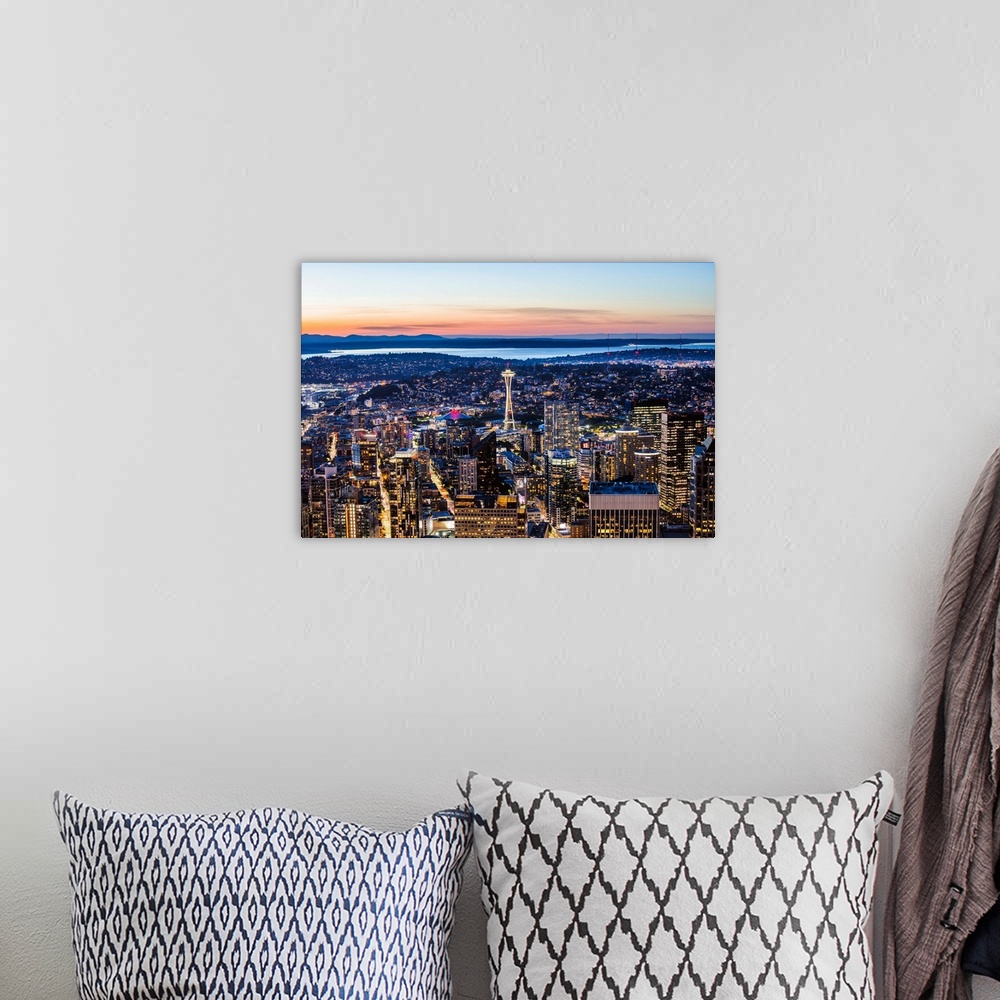 A bohemian room featuring The Spece Needle And Skyline At Dusk, Seattle, Washington, USA
