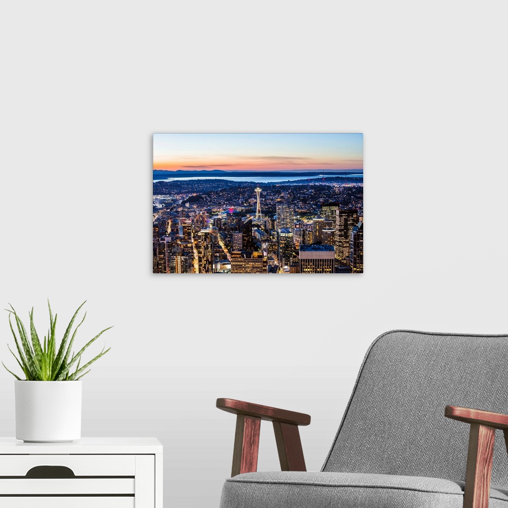 A modern room featuring The Spece Needle And Skyline At Dusk, Seattle, Washington, USA