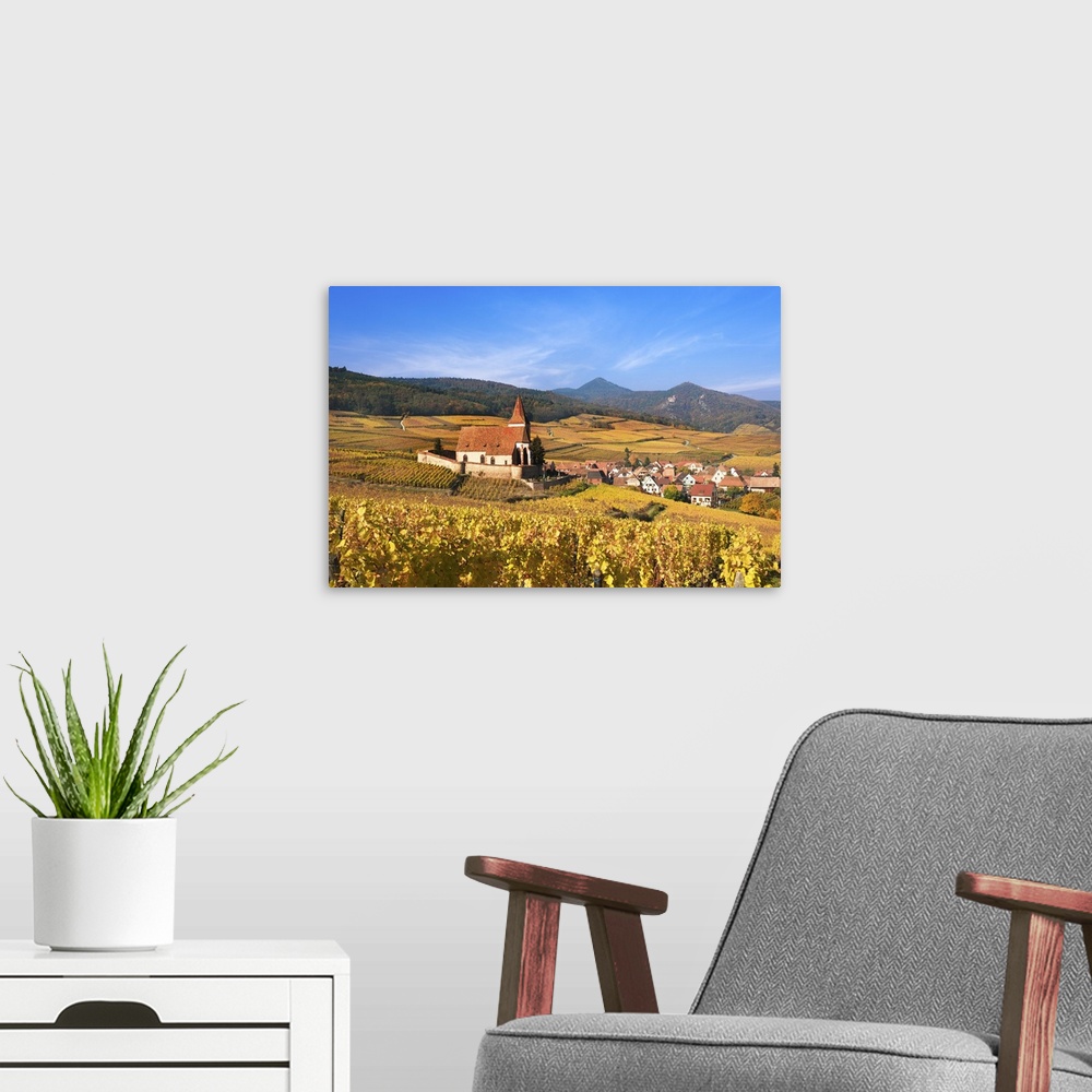 A modern room featuring The vineyards at Hunawihr, Alsace, France