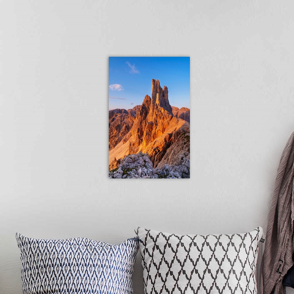 A bohemian room featuring Torri Del Vajolet Peaks At Sunset. Fassa Valley, Dolomites, Trentino, Italy