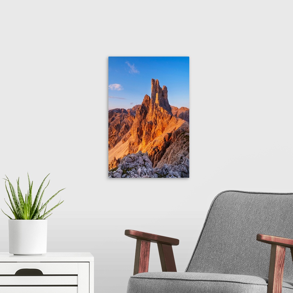 A modern room featuring Torri Del Vajolet Peaks At Sunset. Fassa Valley, Dolomites, Trentino, Italy