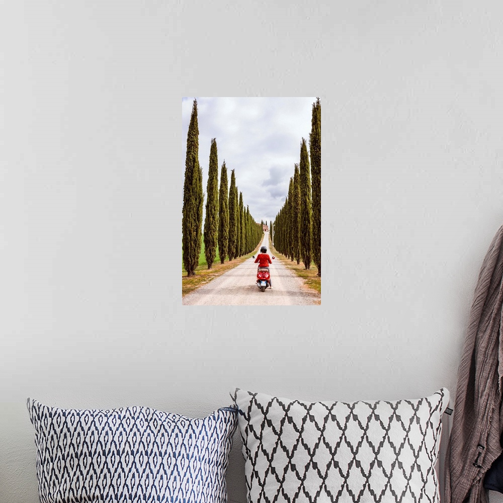 A bohemian room featuring Tourist riding an italian vespa motorcycle in the countryside. Val d'Orcia, Tuscany, Italy (MR) (PR)