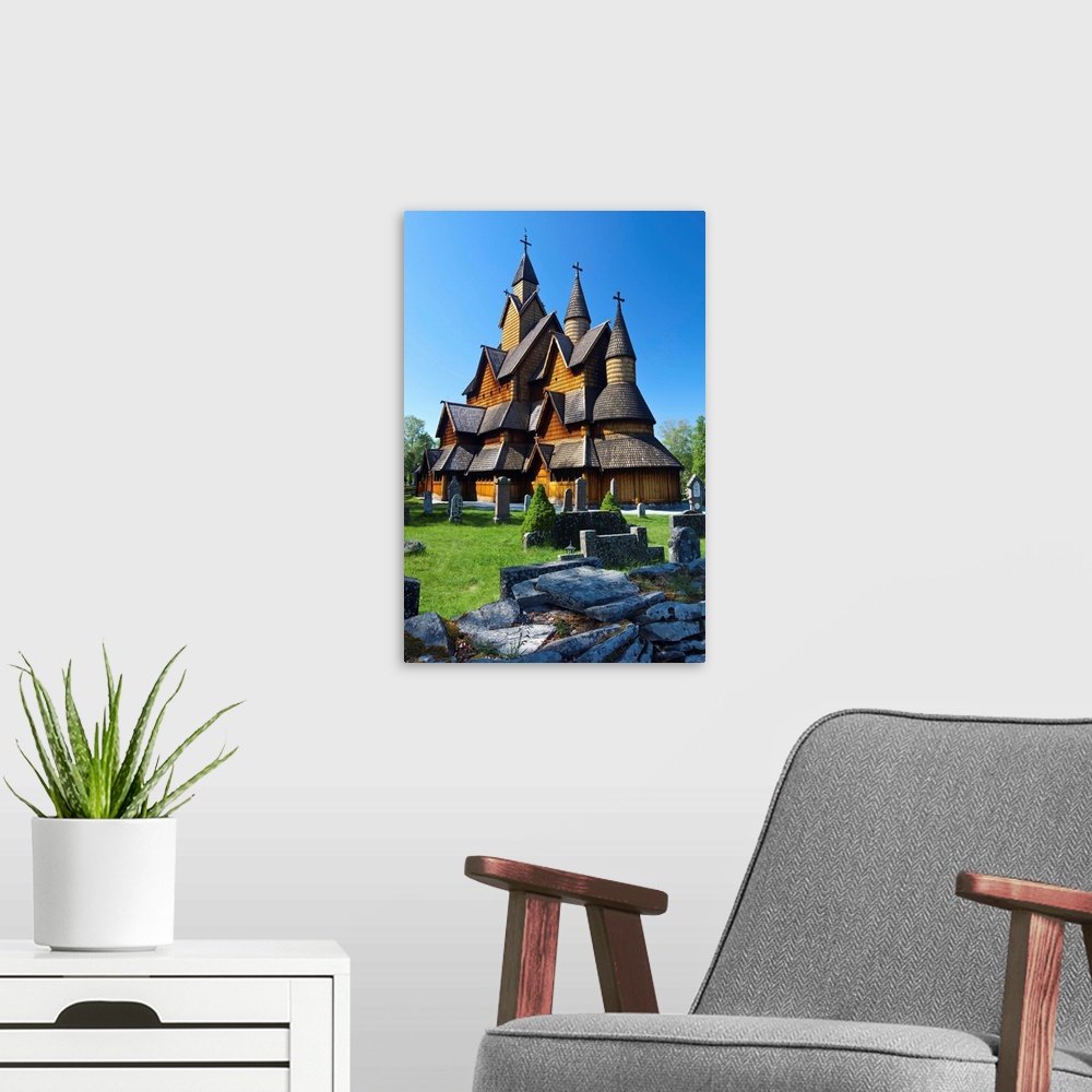 A modern room featuring The impressive exterior of Heddal Stave Church, Norway's largest wooden Stavekirke, Notodden, Norway