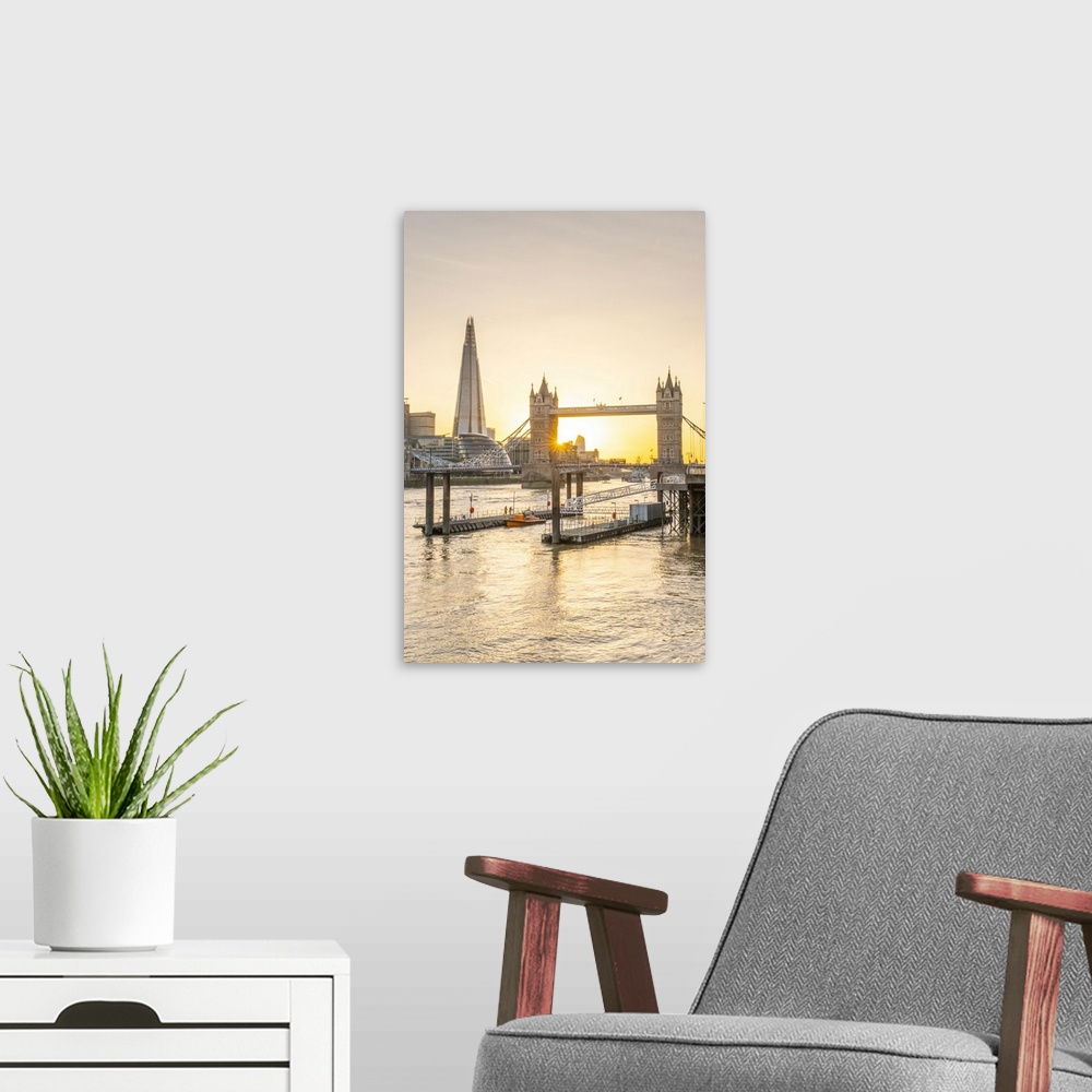 A modern room featuring Tower Bridge and The Shard, River Thames, London, England, UK