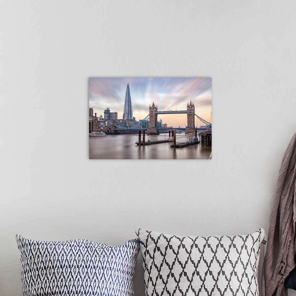 A bohemian room featuring Tower Bridge, The Shard And Boat Docks, London, England, United Kingdom.