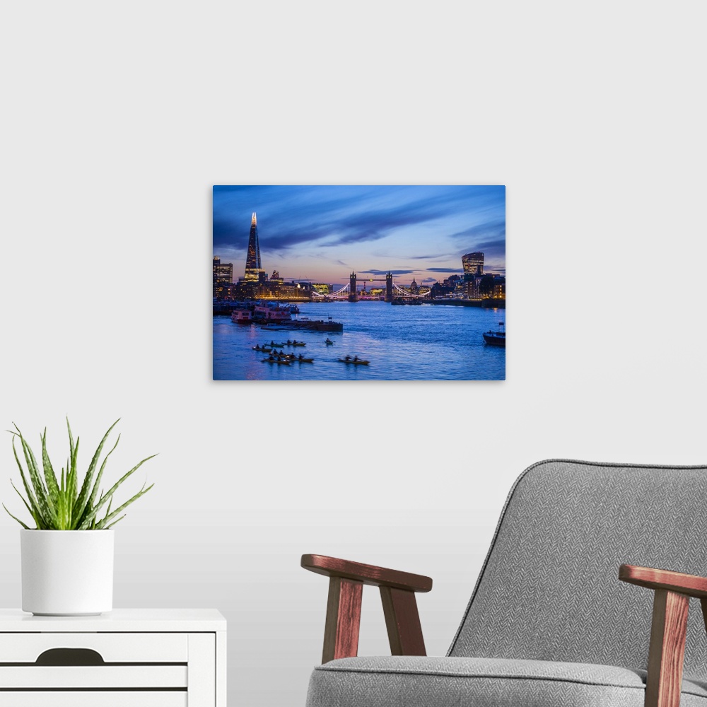 A modern room featuring Tower Bridge & The Shard, River Thames, London, England, UK.