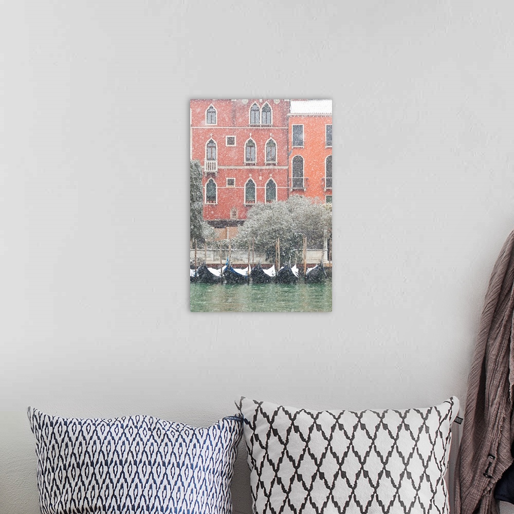 A bohemian room featuring Some Traditional Venetian Gondolas Moored At Riva Del Vin During A Snowfall, Grand Canal, Venice,...