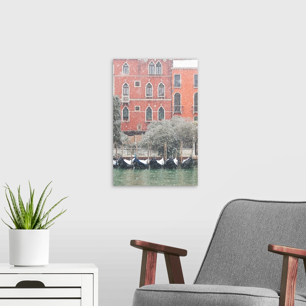 A modern room featuring Some Traditional Venetian Gondolas Moored At Riva Del Vin During A Snowfall, Grand Canal, Venice,...