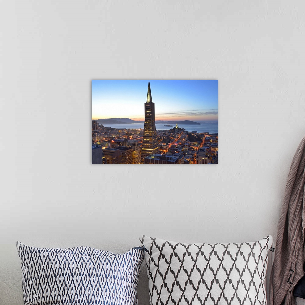 A bohemian room featuring View from hotel Mandarin Oriental towards Transamerica Puramid and Coit Tower, San Francisco, Cal...