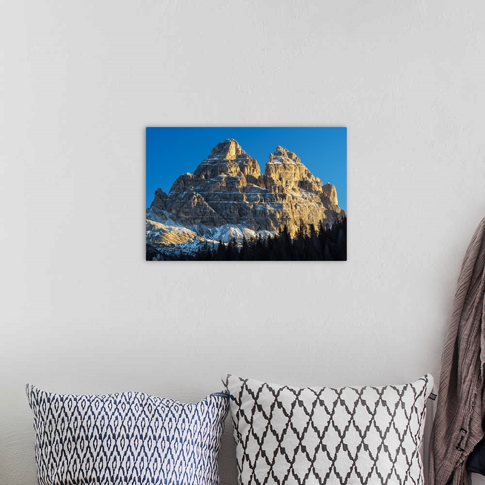 A bohemian room featuring Sunrise view over Tre Cime di Lavaredo or Drei Zinnen mountain peaks in the Dolomites, Veneto, Italy