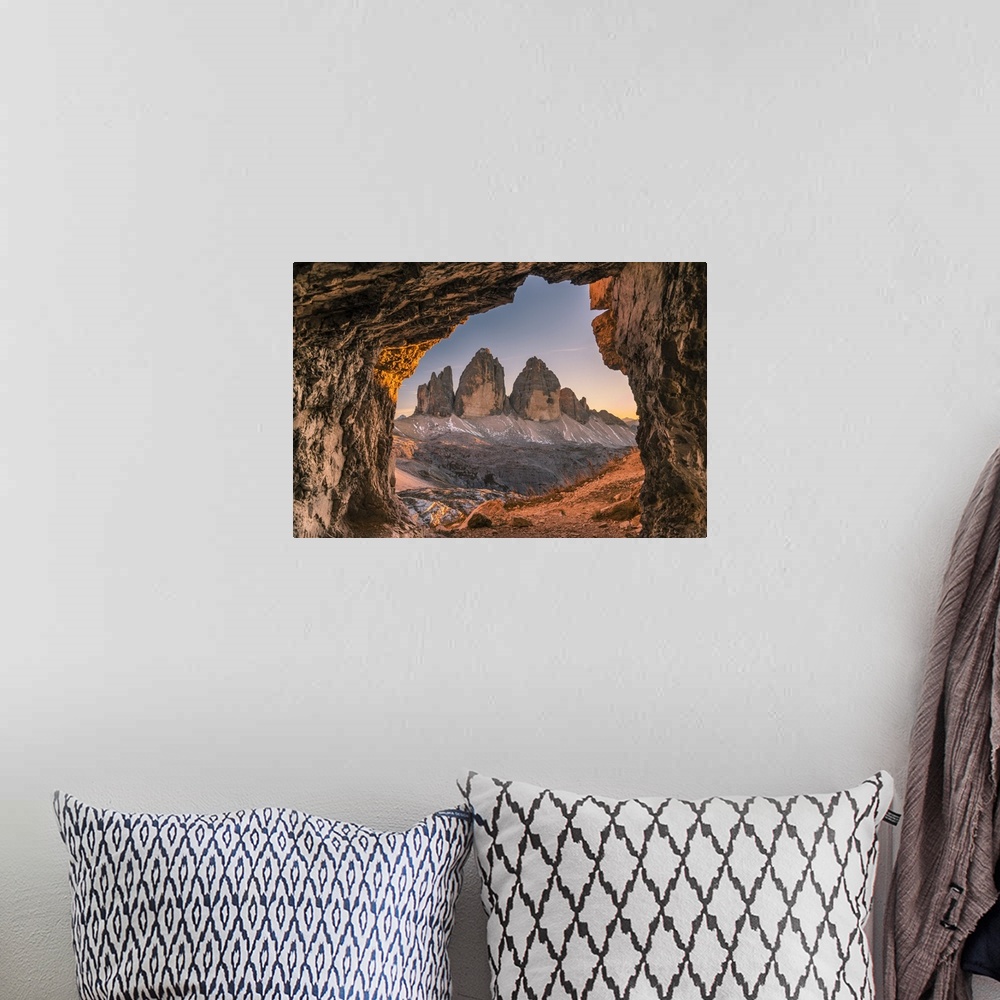 A bohemian room featuring Tre Cime di Lavaredo peaks or Drei Zinnen at sunset, Dobbiaco - Toblach, Trentino - Alto Adige or...