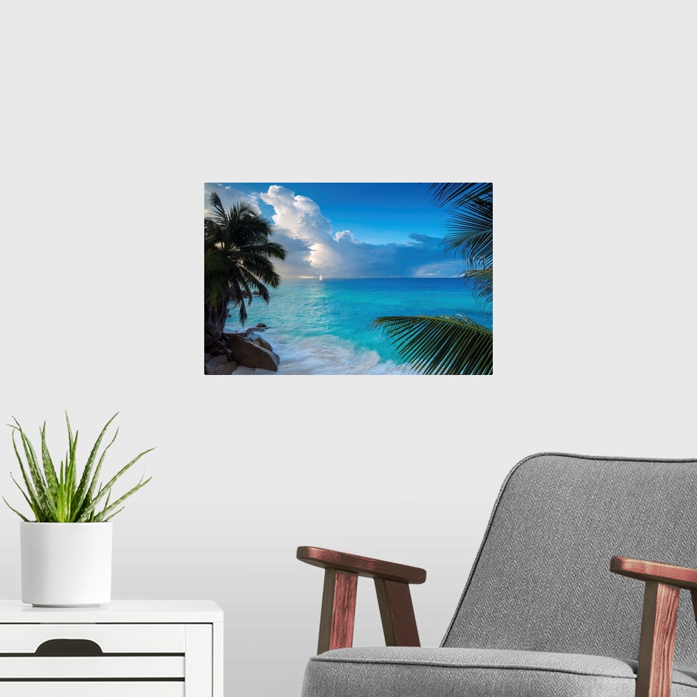 A modern room featuring Tropical beach, La Digue, Seychelles.