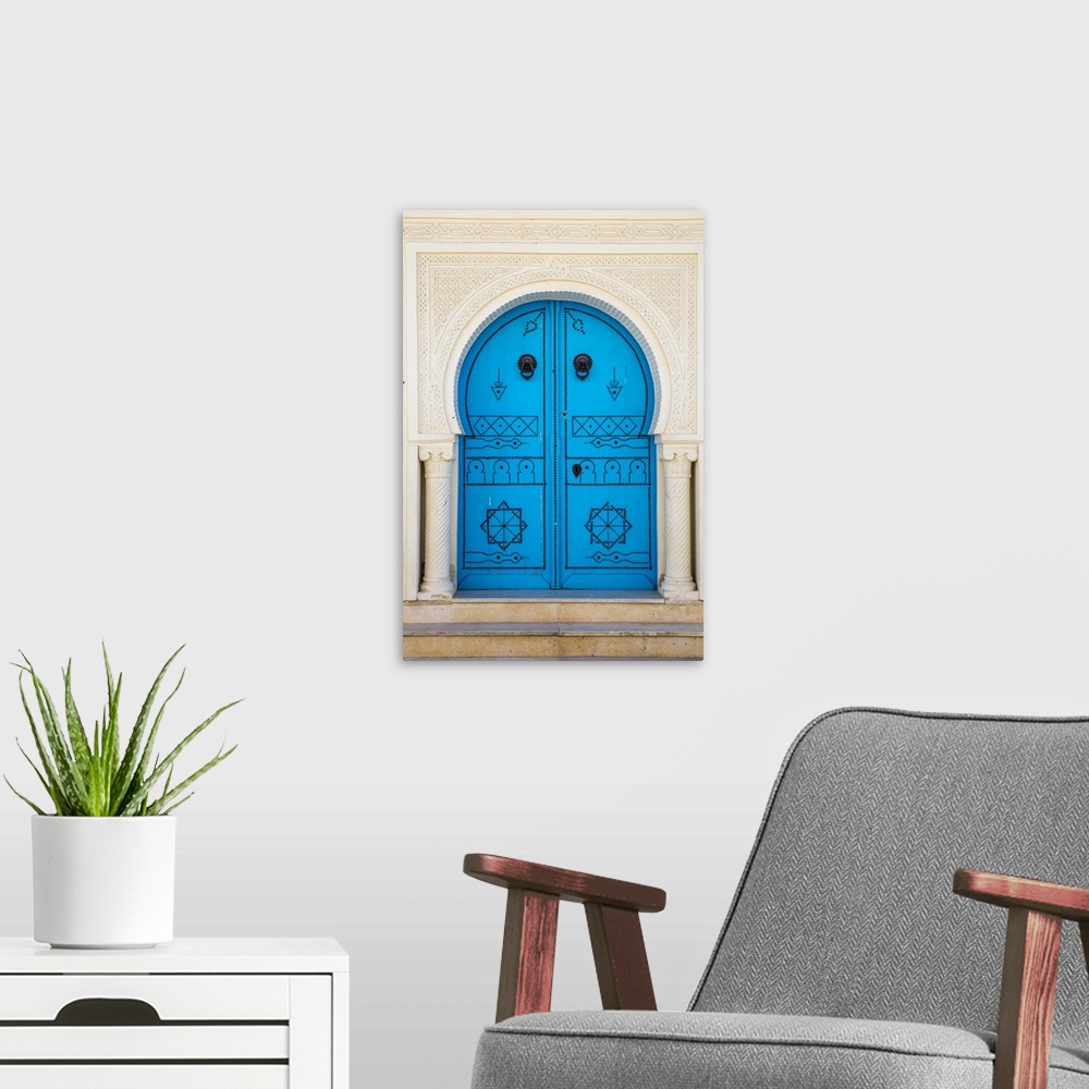 A modern room featuring Tunisia, Kairouan, Madina, Blue door.