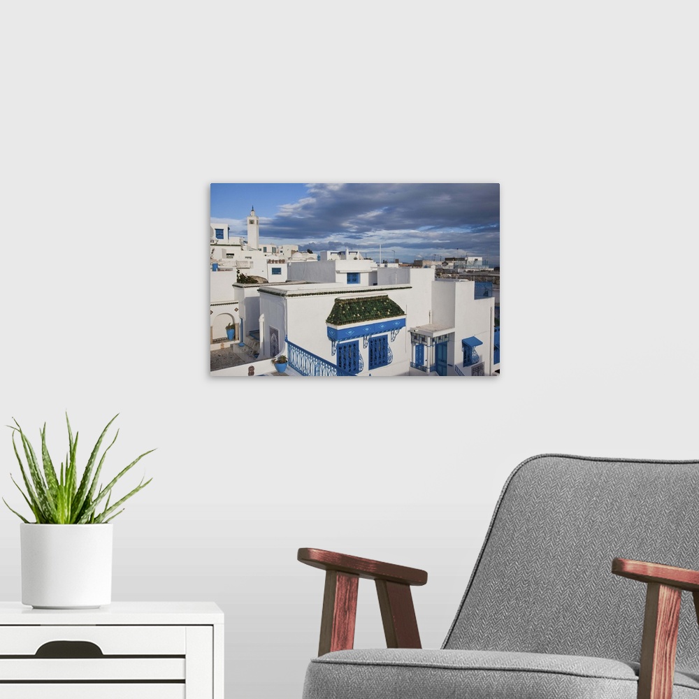 A modern room featuring Tunisia, Sidi Bou Said, elevated town view