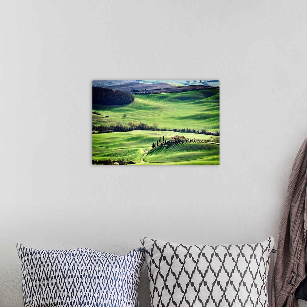 A bohemian room featuring Tuscany, spring landscape, rolling hills at sunset, Val d'Orcia, Italy