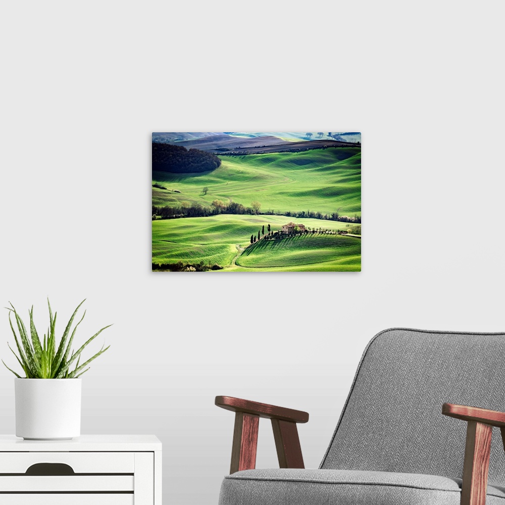A modern room featuring Tuscany, spring landscape, rolling hills at sunset, Val d'Orcia, Italy