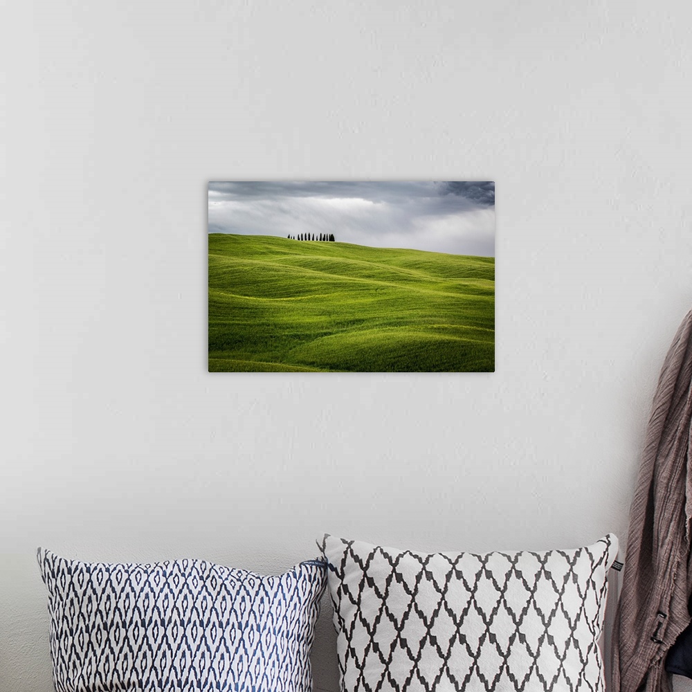 A bohemian room featuring Tuscany, Val d'Orcia, Italy. Cypress trees in green meadow field with clouds gathering.