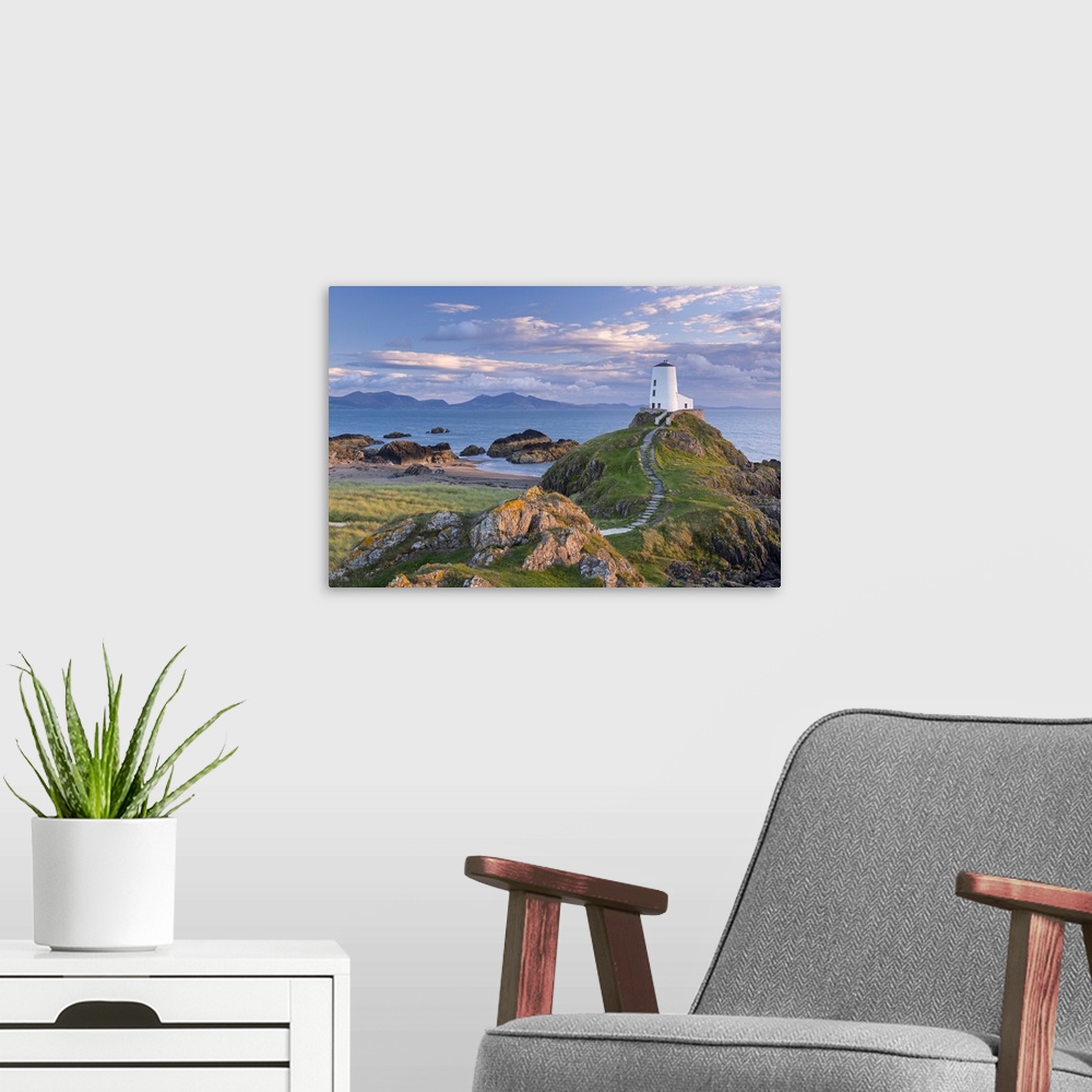 A modern room featuring Twr Mawr lighthouse on Llanddwyn Island in Anglesey, North Wales, UK. Autumn (September) 2013.