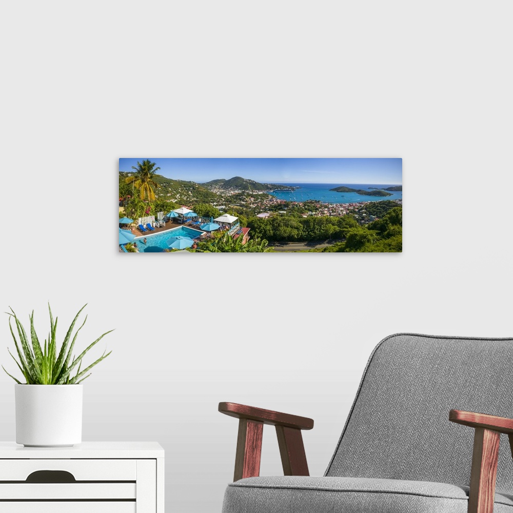 A modern room featuring U.S. Virgin Islands, St. Thomas, Charlotte Amalie, elevated town view