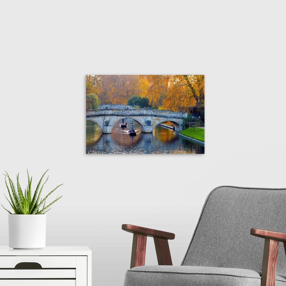 A modern room featuring UK, England, Cambridge, The Backs, Clare and King's College Bridges over River Cam in Autumn