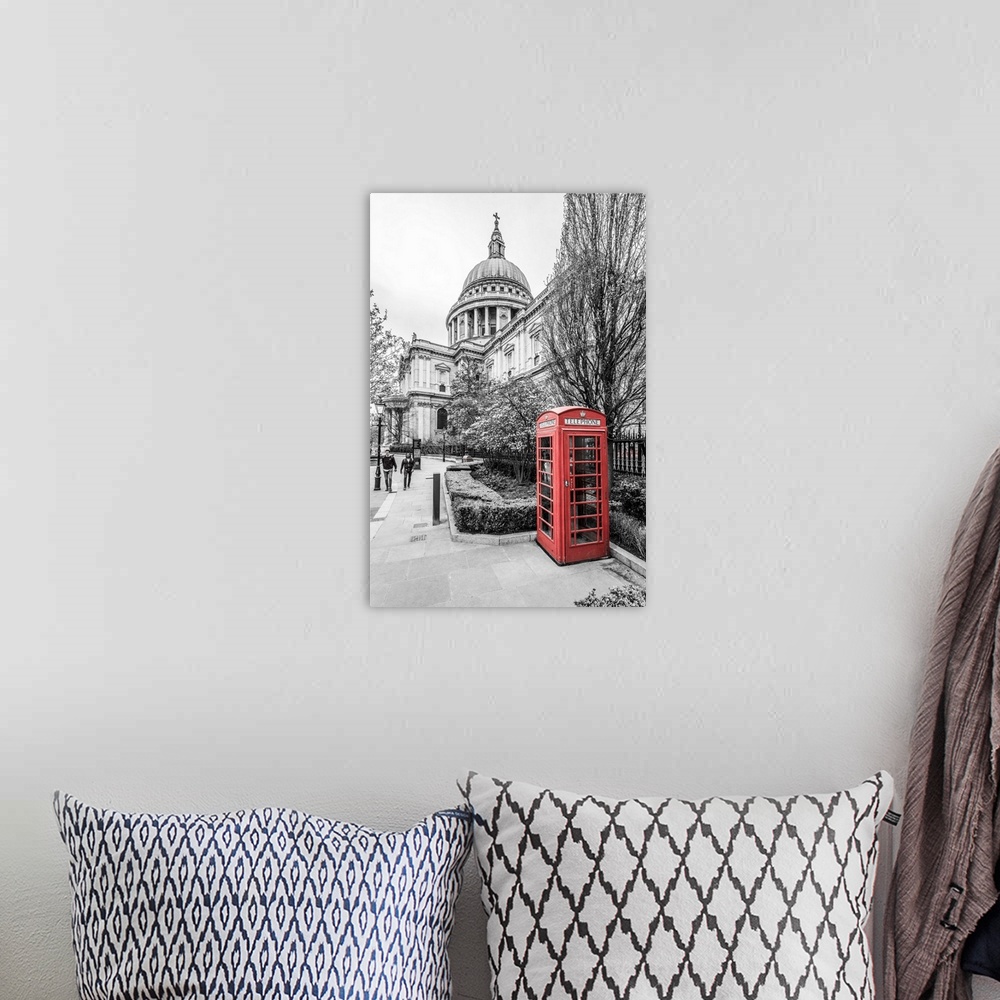 A bohemian room featuring UK, England, London, St. Paul's cathedral, red telephone box.