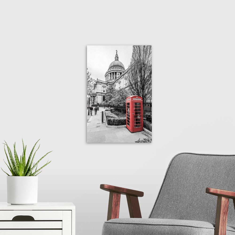 A modern room featuring UK, England, London, St. Paul's cathedral, red telephone box.