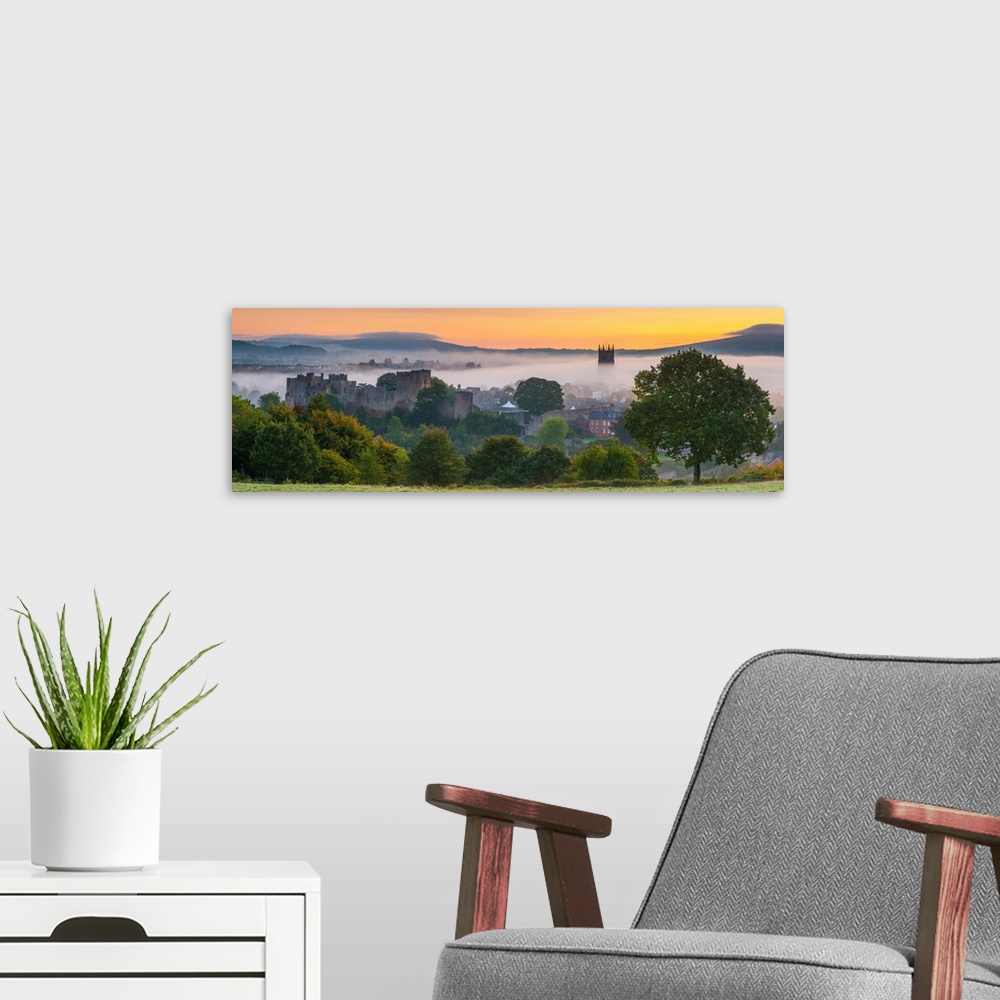 A modern room featuring UK, England, Shropshire, Ludlow, Ludlow Castle And St Laurence's Church At Sunrise