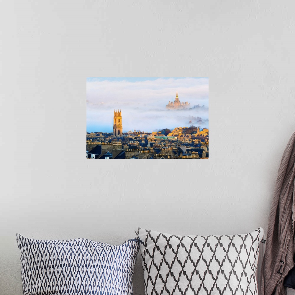 A bohemian room featuring UK, Scotland, Edinburgh, New Town rooftops, St. Stephen's Church and Fettes College