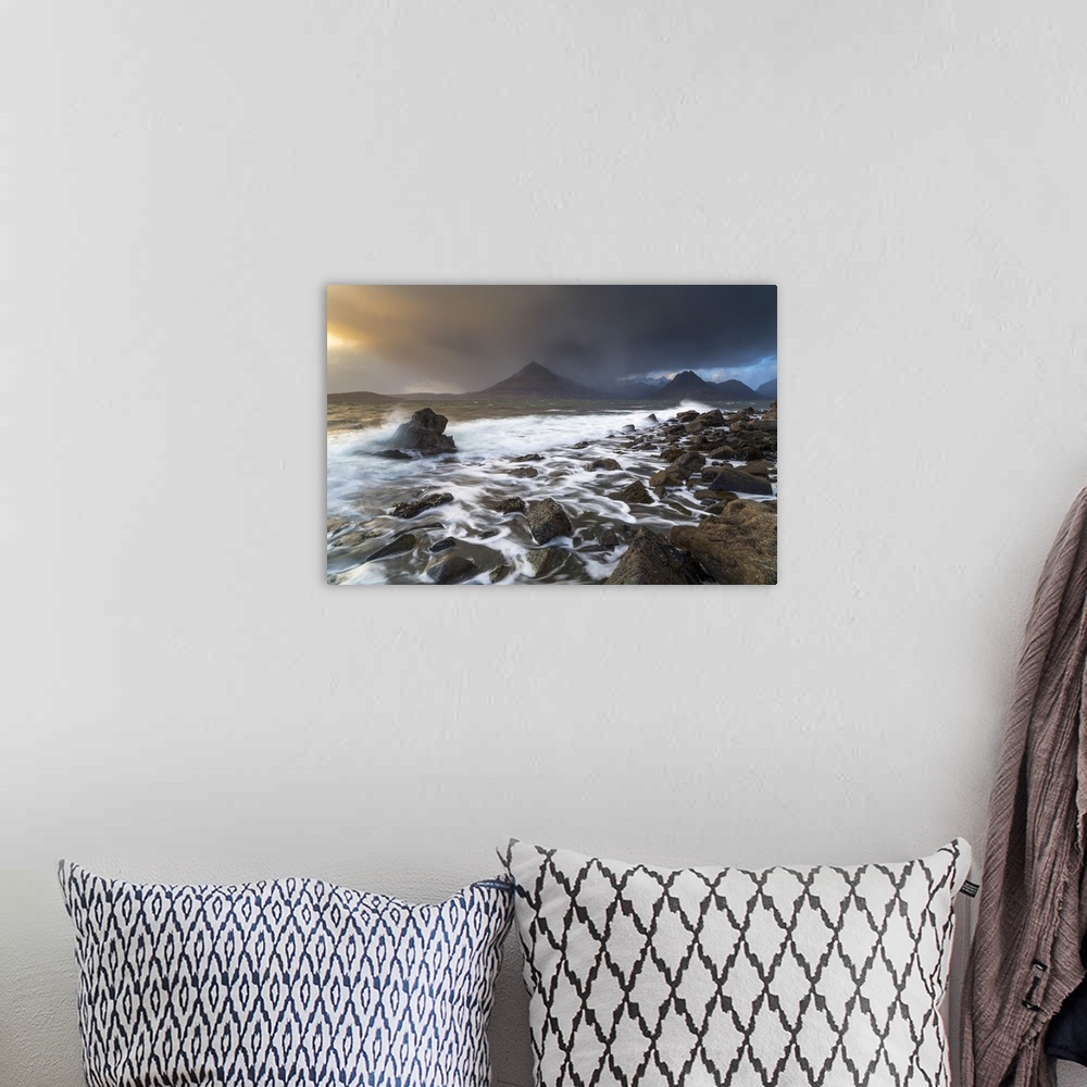 A bohemian room featuring United Kingdom, UK, Scotland, Inner Hebrides, Elgol Beach in all its Drama. An incoming storm bri...