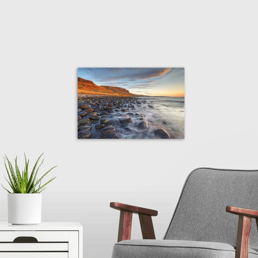 A modern room featuring United Kingdom, UK, Scotland, Inner Hebrides, Isle of Skye, A nice sunset at Score Bay where the ...