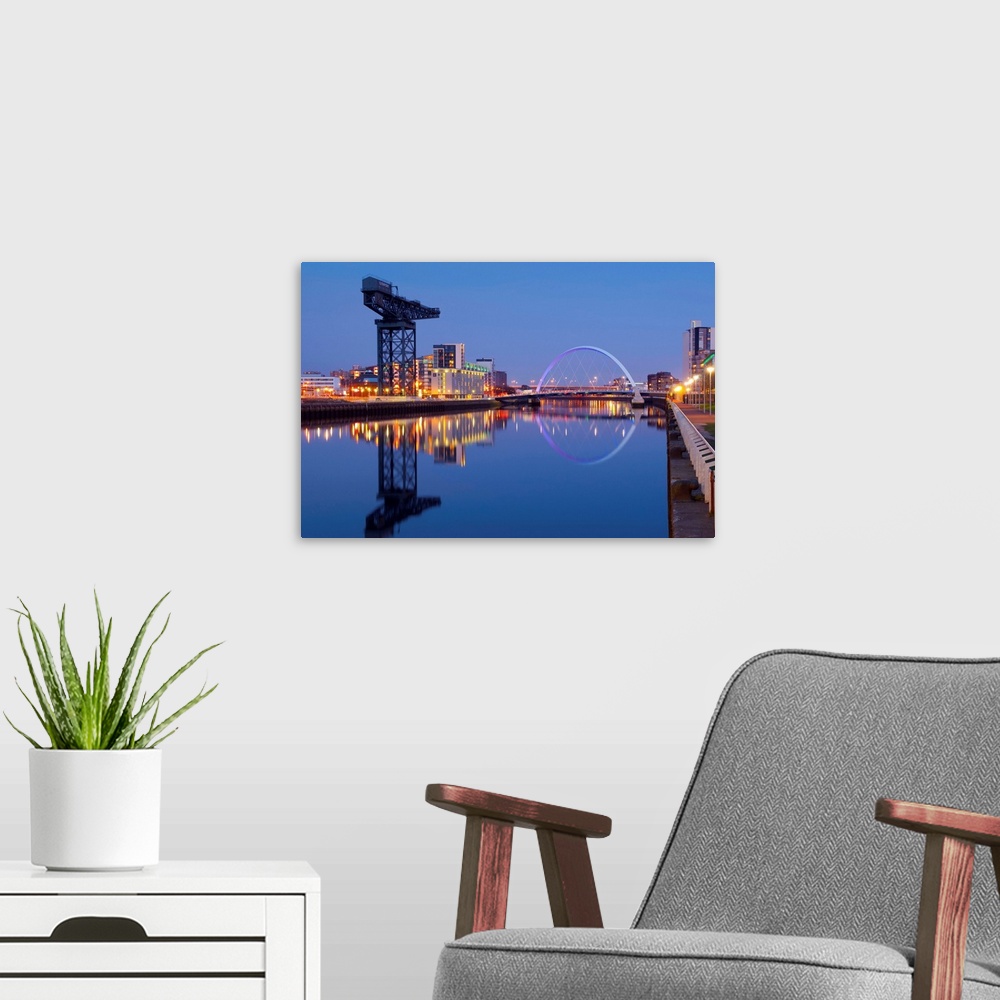 A modern room featuring UK, Scotland, Glasgow, River Clyde, Finnieston Crane and the Clyde Arc, nicknamed the Squinty Bridge