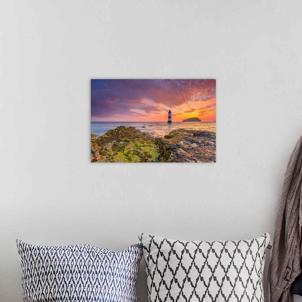 A bohemian room featuring UK, Wales, Anglesey, Penmon, Black Point, Trwyn Du Lighthouse (Penmon Lighthouse) At Sunrise