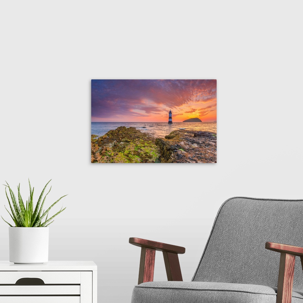 A modern room featuring UK, Wales, Anglesey, Penmon, Black Point, Trwyn Du Lighthouse (Penmon Lighthouse) At Sunrise