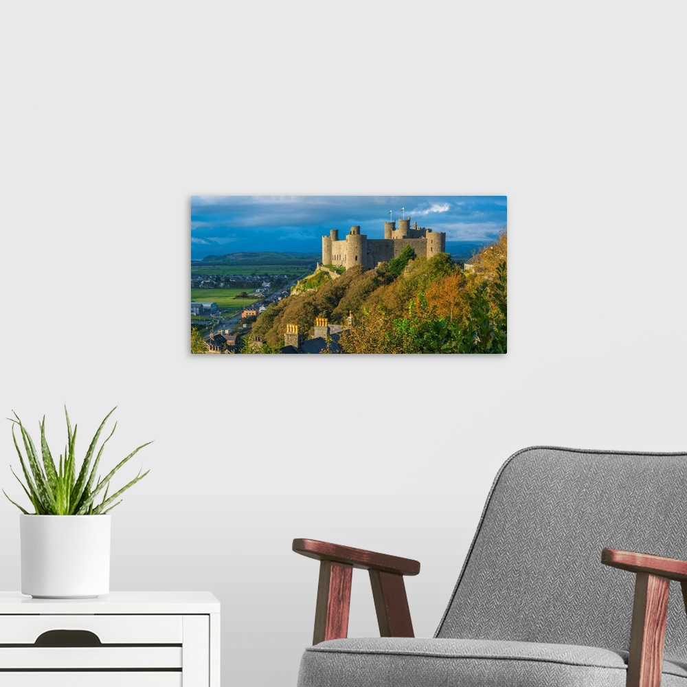 A modern room featuring Uk, Wales, Gwynedd, Harlech, Harlech Castle, Mountains Of Snowdonia National Park Beyond