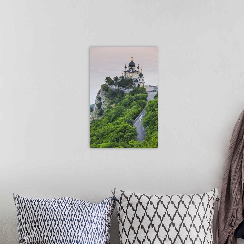 A bohemian room featuring Ukraine, Crimea, Foros, Foros church sitting on top of a cliff overlooking the Black Sea