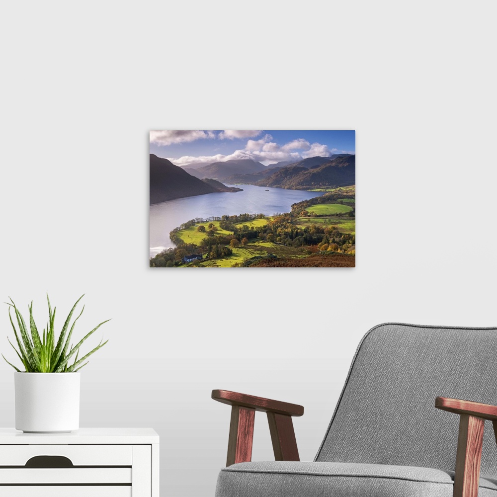 A modern room featuring Ullswater from Gowbarrow Fell, Lake District National Park, Cumbria, England. Autumn