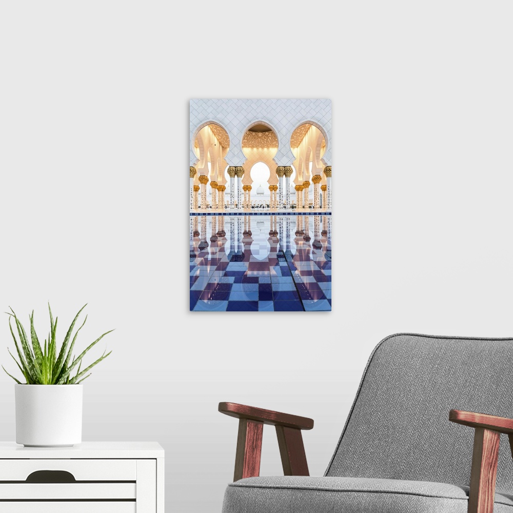 A modern room featuring United Arab Emirates, Abu Dhabi. Sheikh Zayed Grand Mosque at sunset
