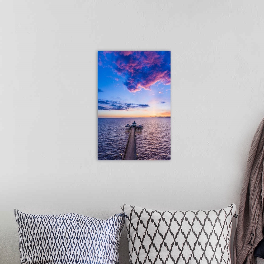 A bohemian room featuring United Kingdom, England, Somerset, Clevedon, Clevedon Victorian Pier at sunset.