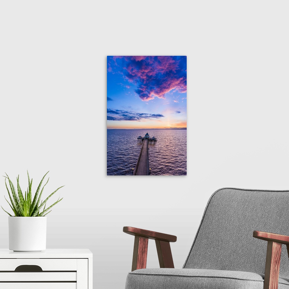 A modern room featuring United Kingdom, England, Somerset, Clevedon, Clevedon Victorian Pier at sunset.