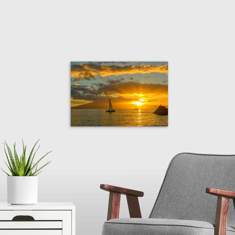 A modern room featuring USA, Hawaii, Maui, Kanaapali Beach, people at sunset.